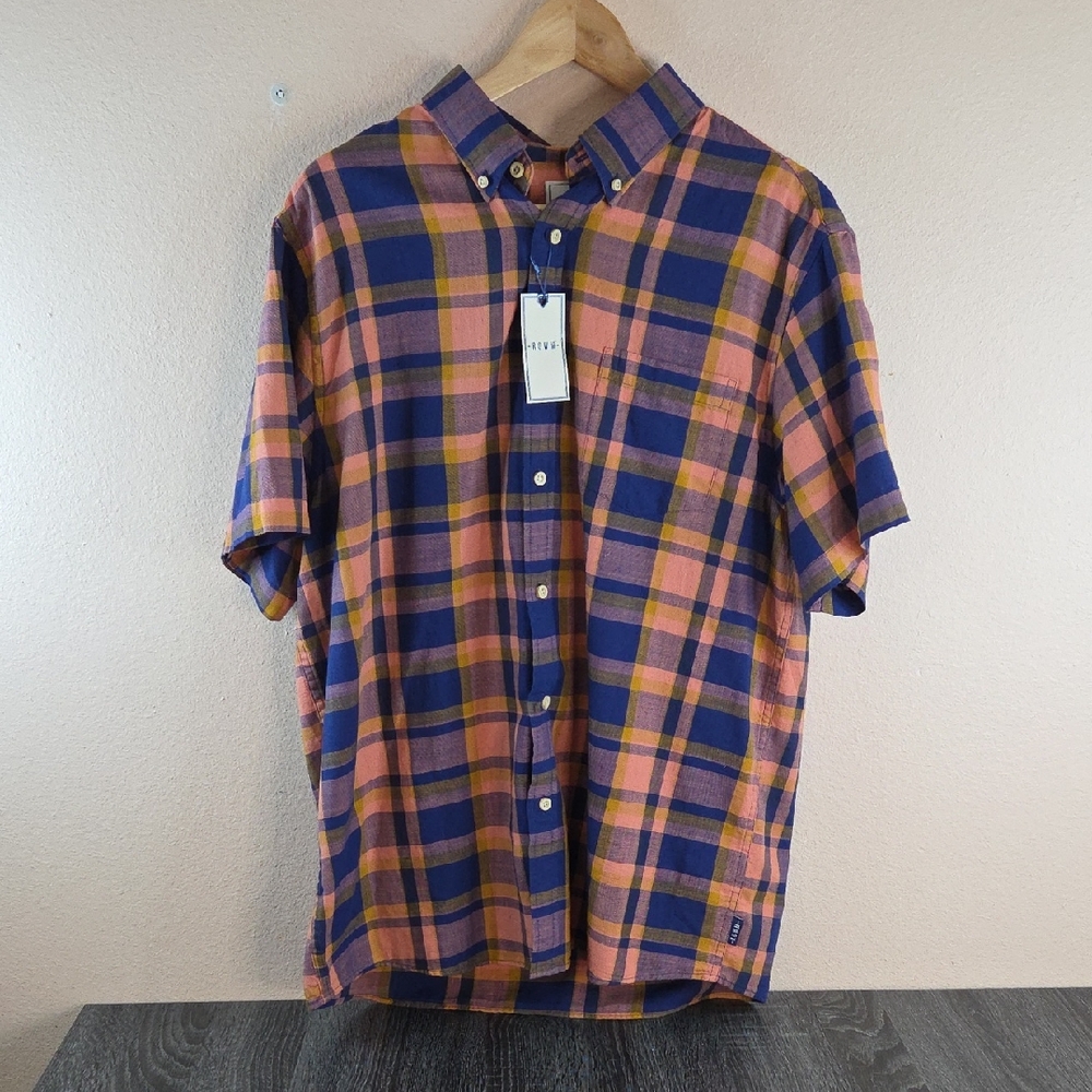 ROWN Men's Plaid Shirt in Blue, Pink, and Yellow Short Sleeve Cotton Preppy NWT